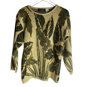 Vintage 1990's Maurada Leaf Print Sequin Pullover Women's Small Sweater